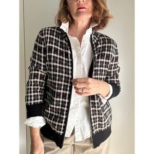 Jones New York Plaid Knit Cardigan Zipper Black Yellow Tartan SZ Med Cotton Twee